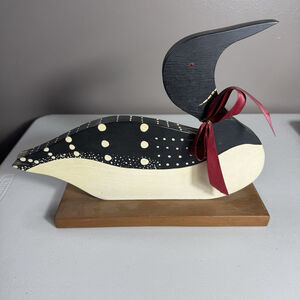 Vintage Wooden Loon Duck Folk Art Figurine on Wood Base